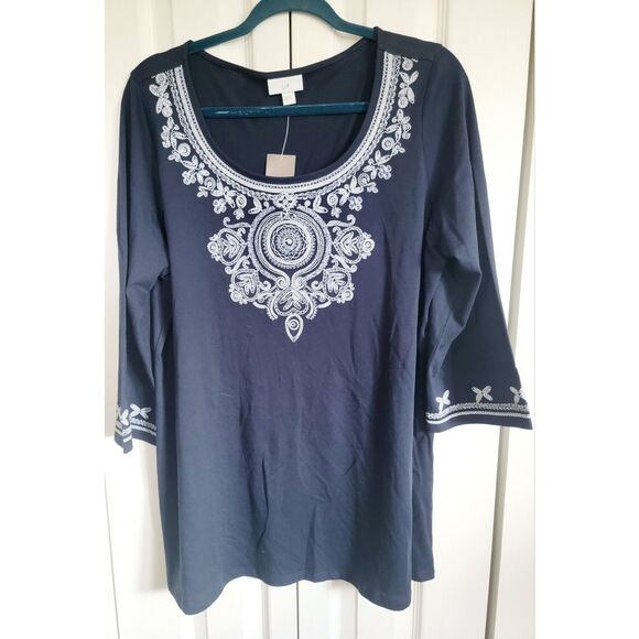 J. JILL L Navy White Embroidered Trim‎ BOHO Tunic Round Neck NWT RV $79 - Picture 1 of 9